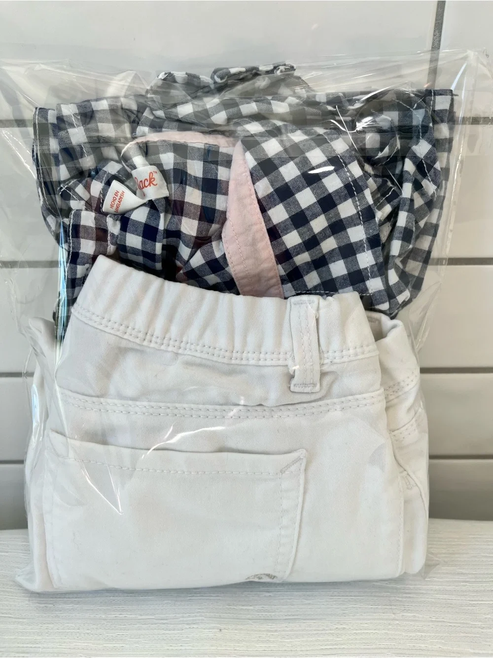 Cat & Jack Navy and White Gingham Button-Up Shirt & White Stretch Jeans